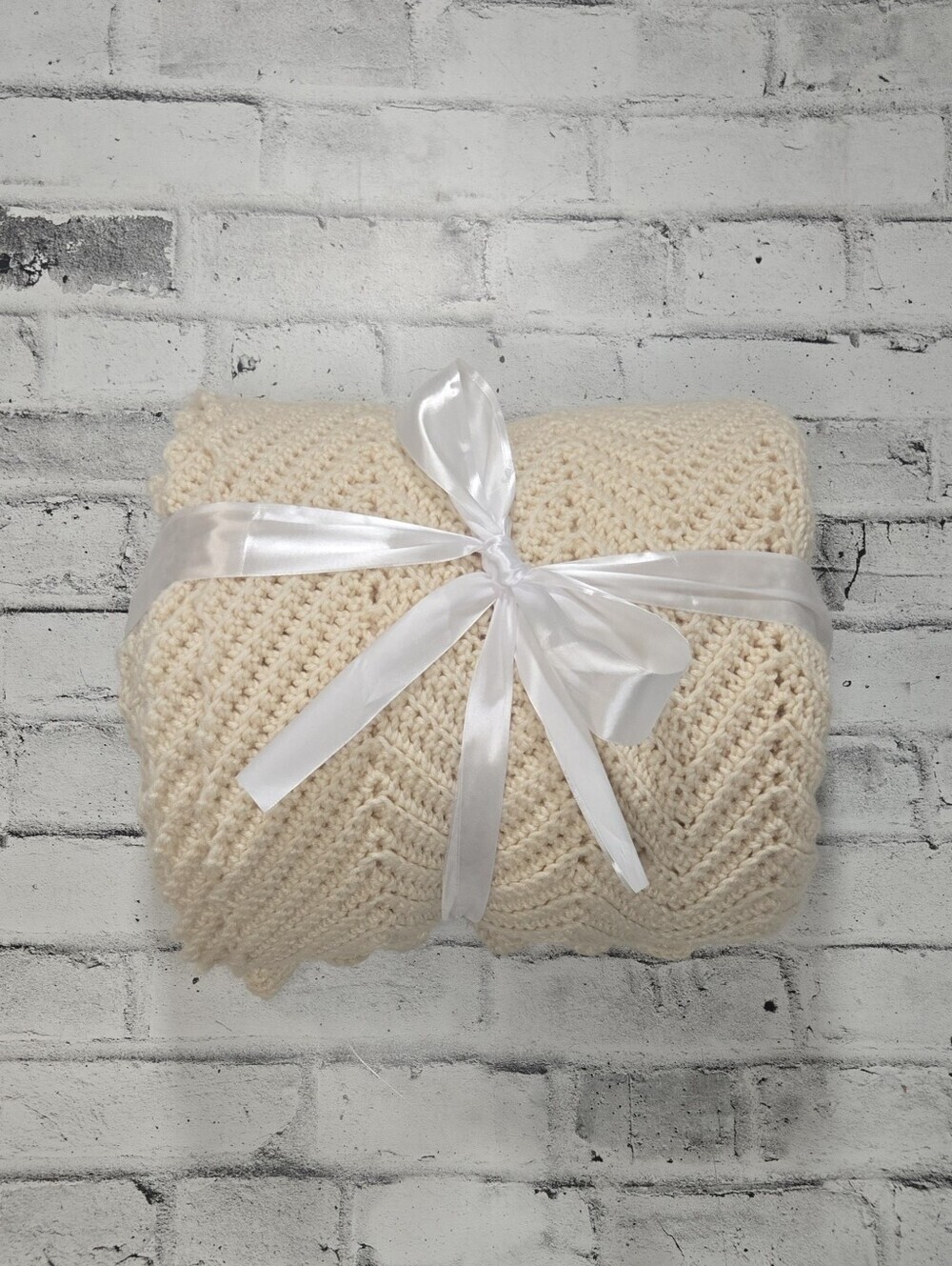 Hand Crocheted Chevron Throw Blanket 74 x 112 Oversized Cream Afghan